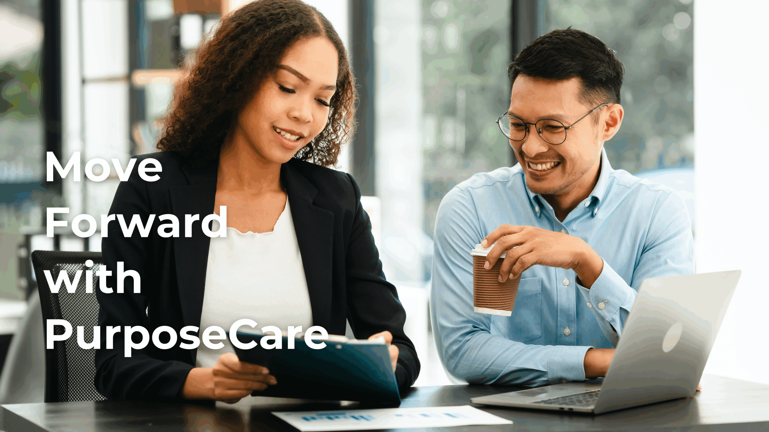 A woman and a man discusss transitioning his business to PurposeCare. Acquisition.